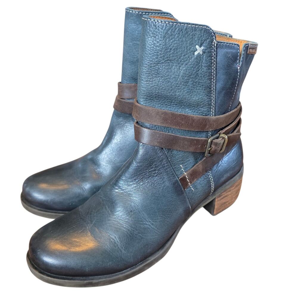 Pikolinos Le Mans Blue Green Petrol Teal Leather Mid Strap Ankle Boots 39
